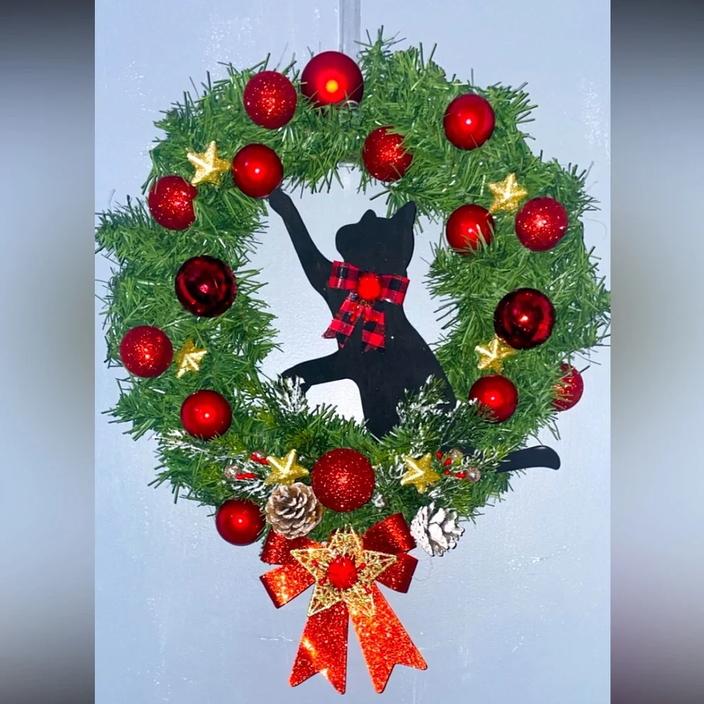 Custom Order Requests Cat playing with ornaments Christmas Wreath 18in